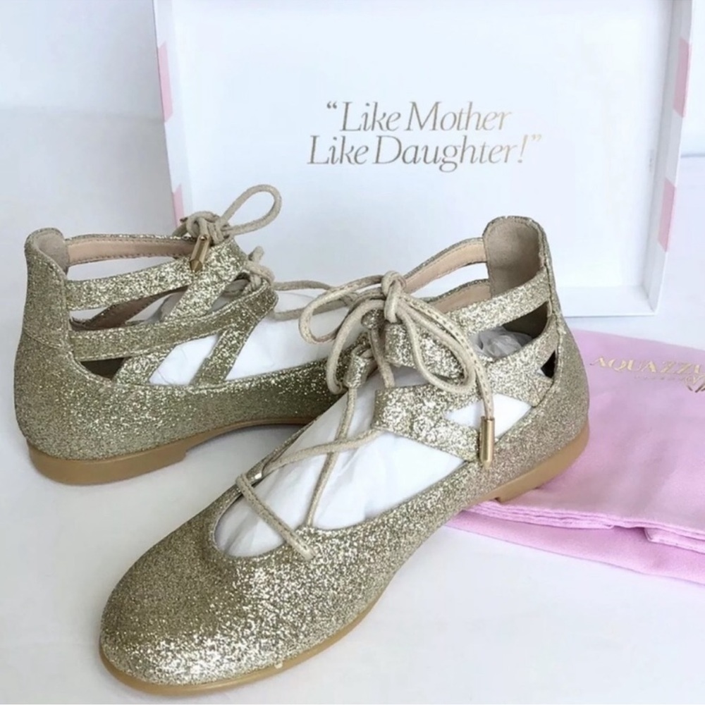 Aquazzura Firenze Belgravia Glitter Metal Suede Gold Ballerina Flats Size EU 27